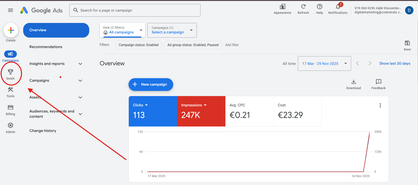 how to take goal option from a Google ads dashboard 