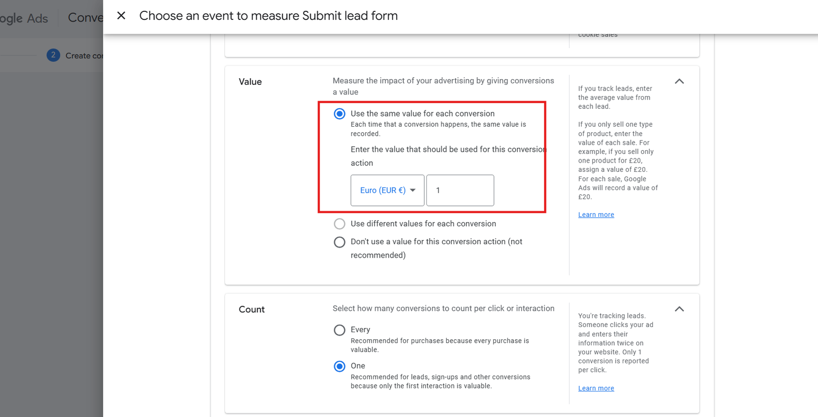 Why Choose same value for each conversion in Submit lead form in a Google Ads Conversion Settings