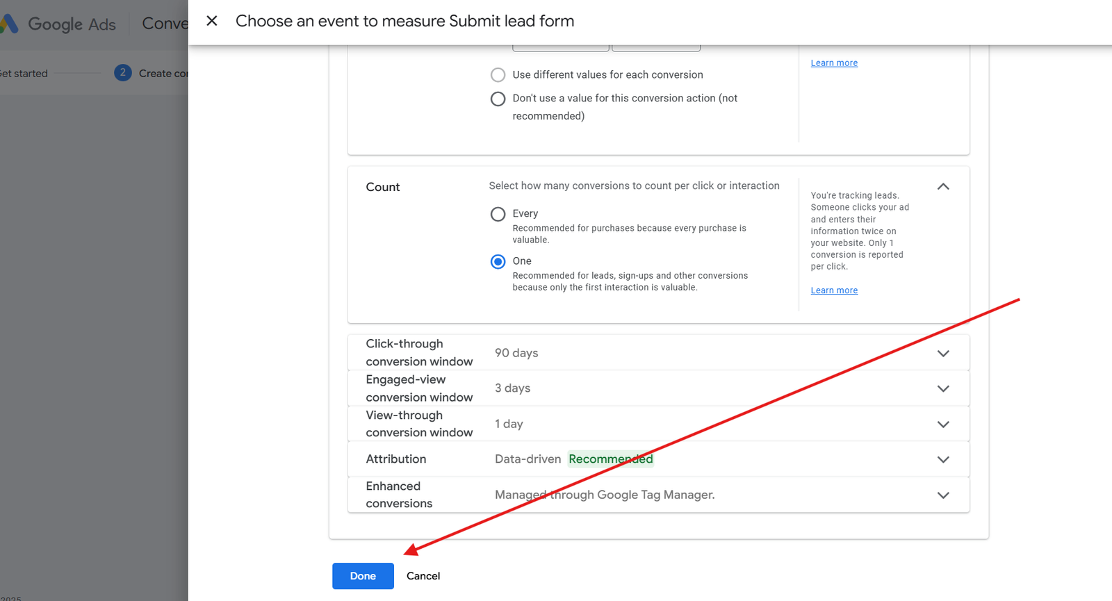 Conversion Settings dashboard for submit lead form in Google Ads 