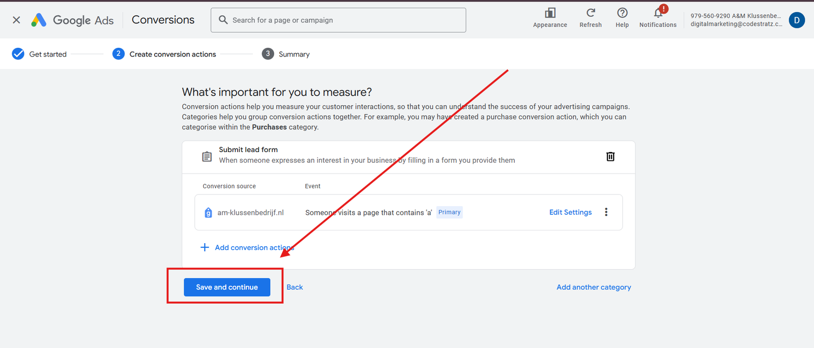 How to save a conversion action in Submit a lead form in Google Ads Settings