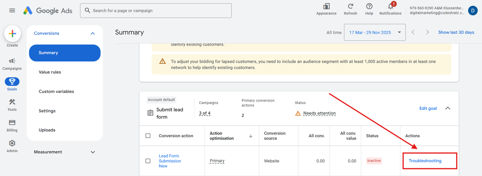How to troubleshoot and fix a need improvement issue in Google Ads Conversion Settings