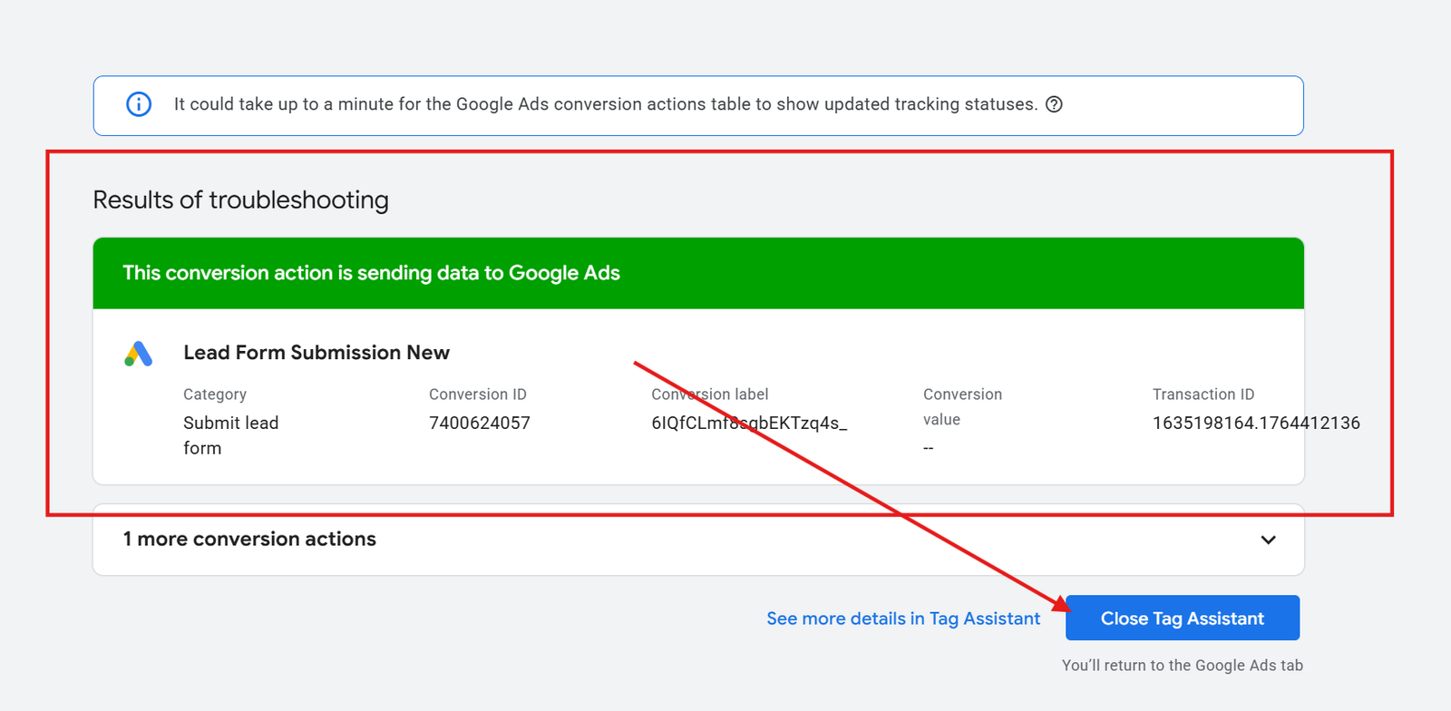 how to check if a submit lead form is successfully connected with Google Ads 