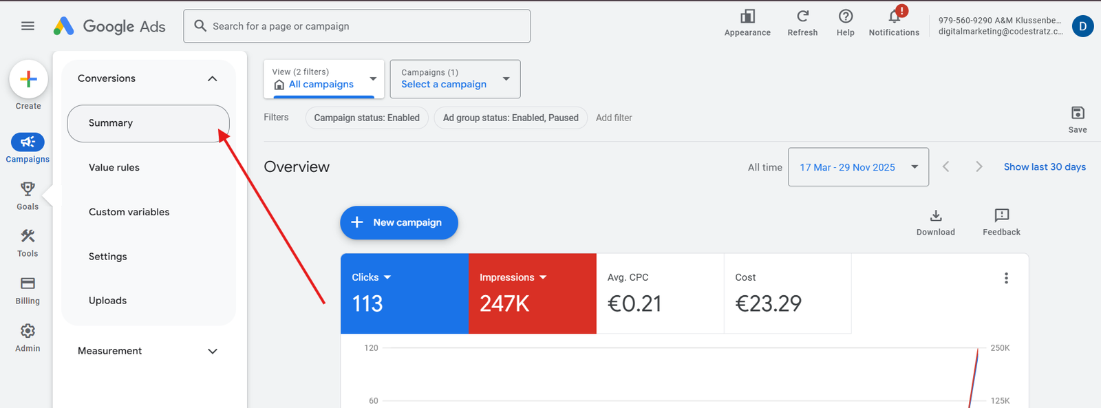 how to select summary from converions in a google ads dashboard 