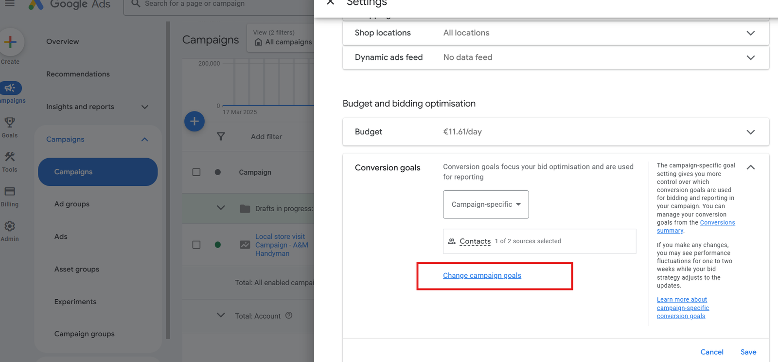 how to add a campaign goal in a campaign in Google Ads 