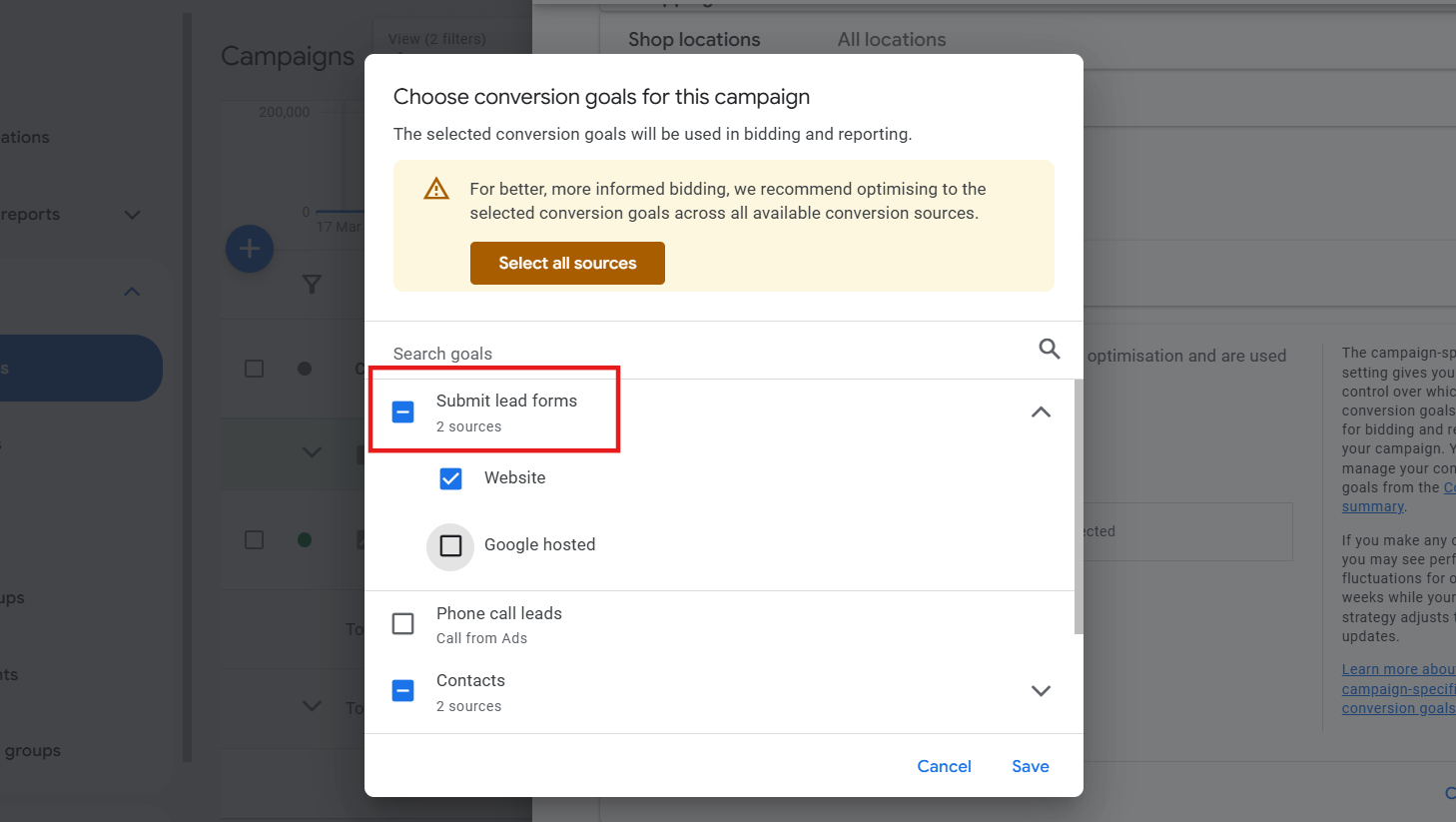 how to select a submit lead form in a conversion goal of campaign in Google Ads 
