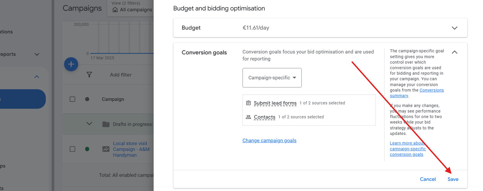 How to save the conversion goals in campaign in Google ads 