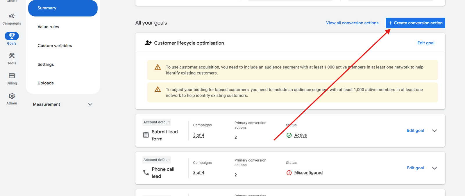 how to select Create Conversion Action from conversion summary in Google ads 