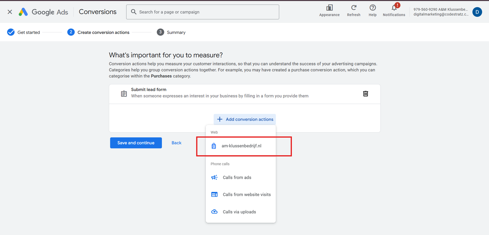 how to choose domain from the add conversion action in a submit lead form in Google Ads Conversion