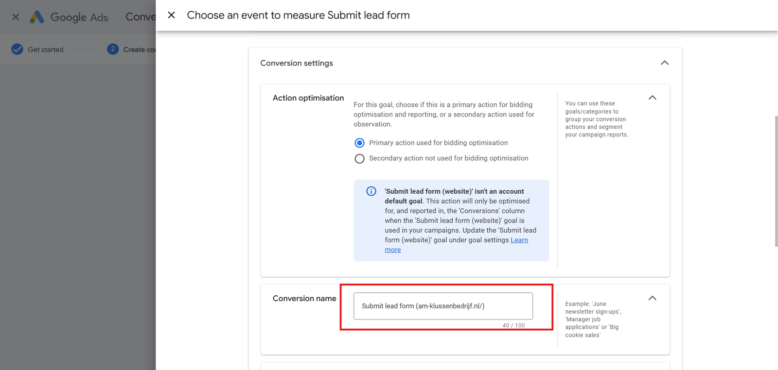 How to Give Conversion Name for a Submit lead form in Google Ads Conversion Settings
