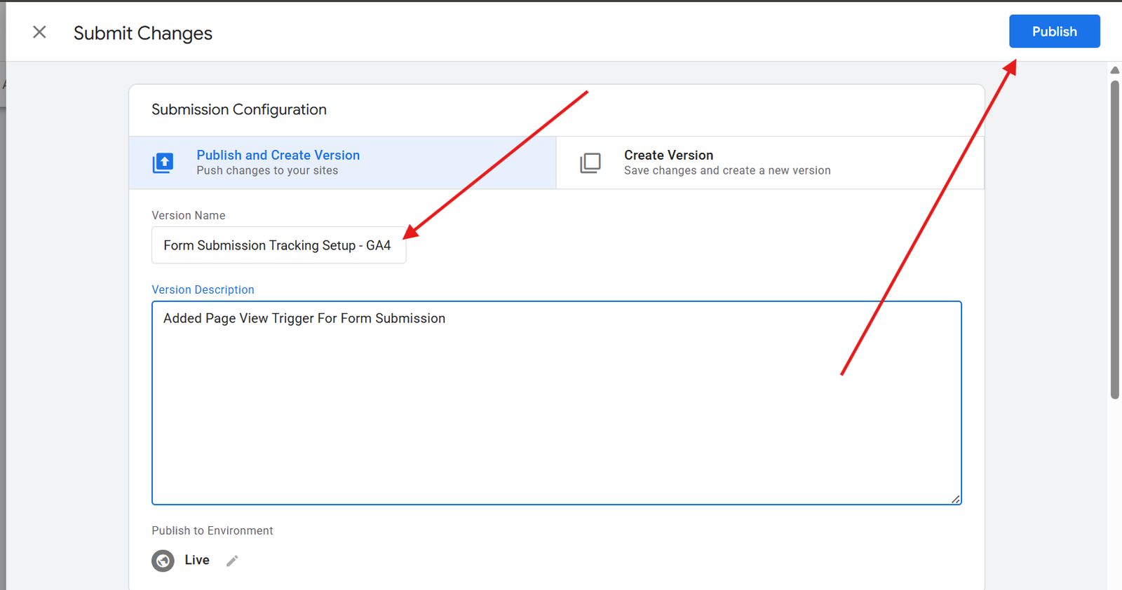 How to give version name , Description and submit the changes made in Google Tag Manager