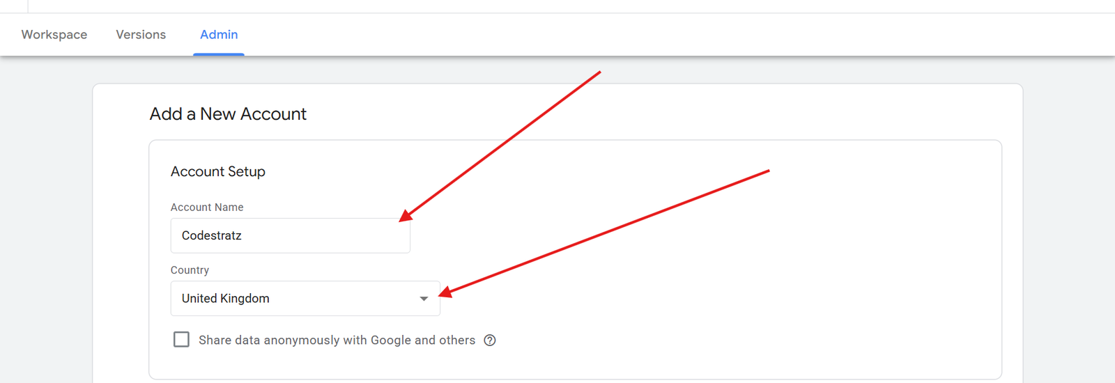 how to give account name and select country in a Google Tag manager while creating account