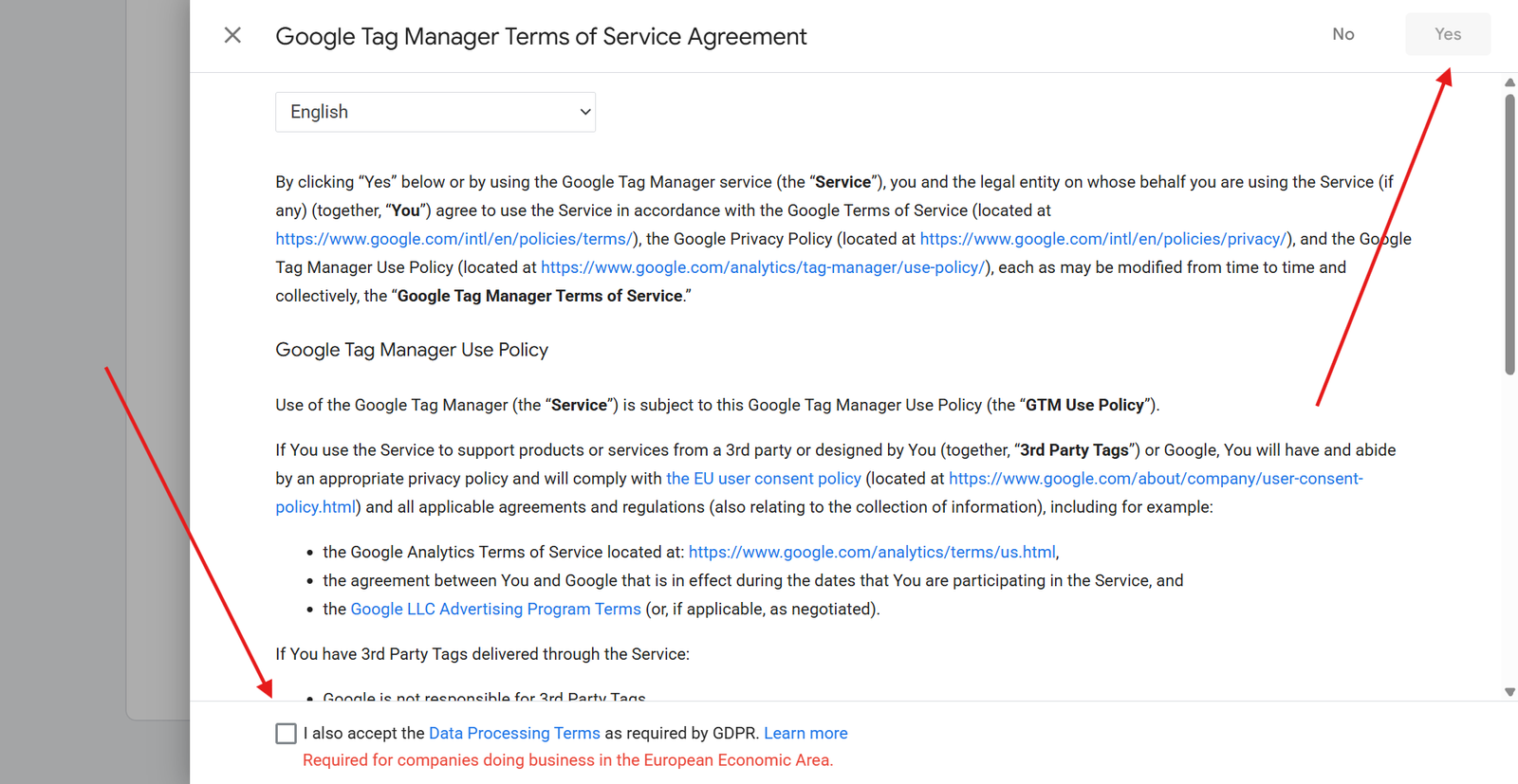 how to agree terms and conditions in Google Tag Manager while creating new account