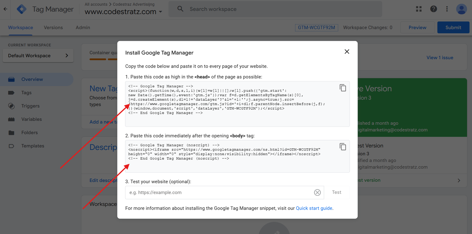 how to copy <head> and <body> tag from Google manager while setting up new account