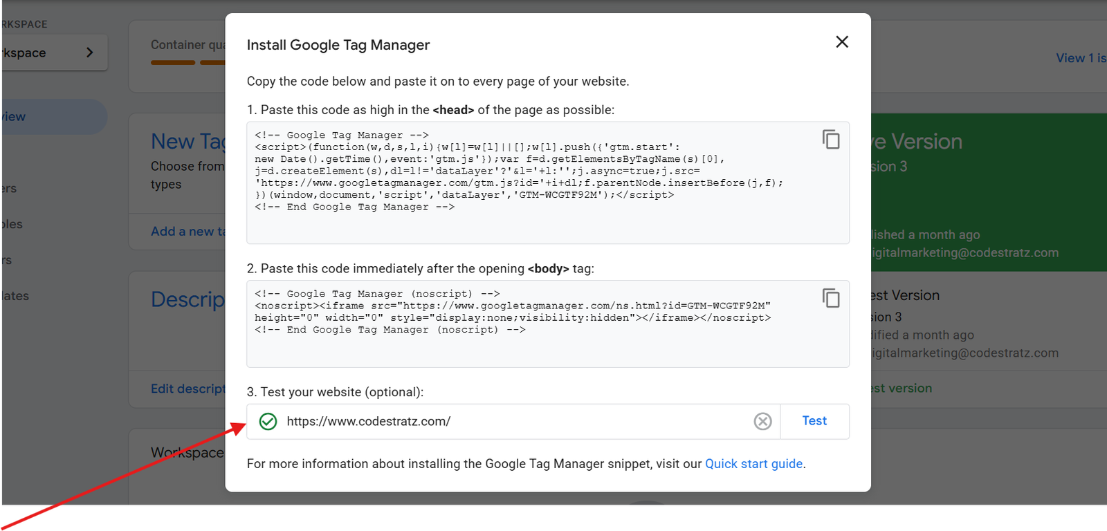 how to check if the website is connected with the Google tag Manager 