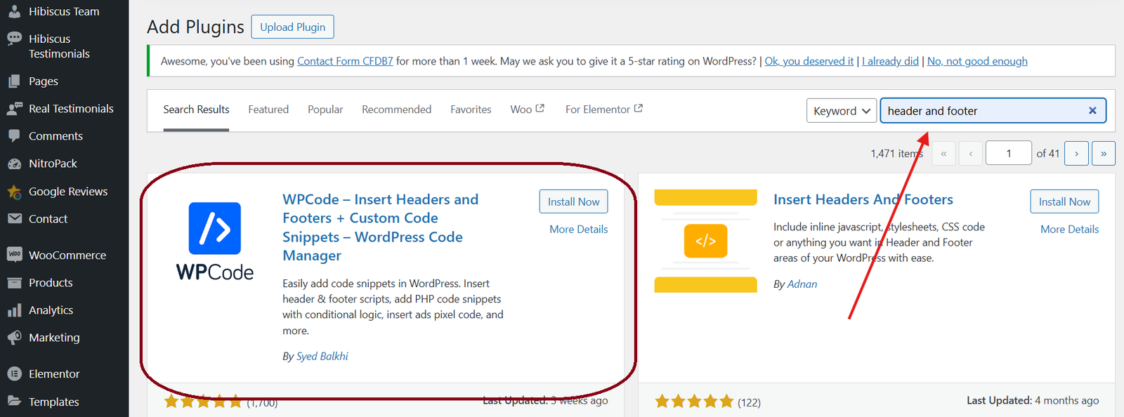 how to search for a header and footer plugin from a wordpress backend dashboard