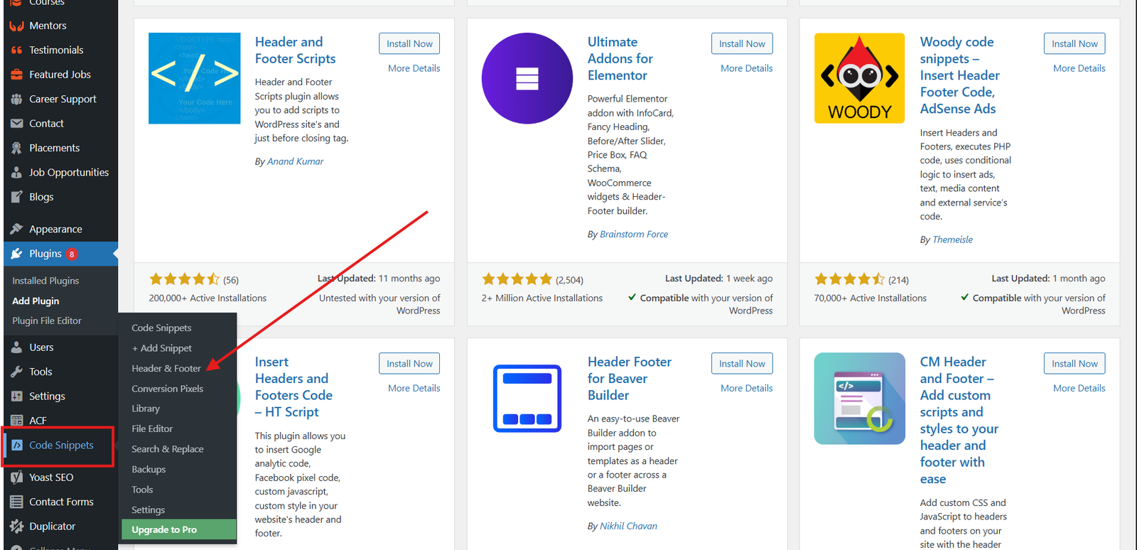 where can we find the header and footer plugin after we have activated in the WordPress 