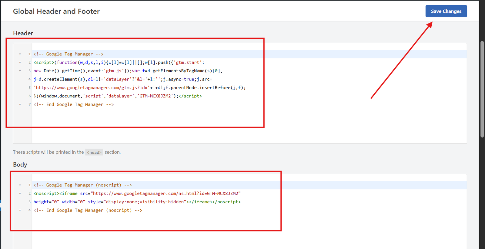 how to paste header section code and body section code using header and footer plugin in wordpress backend