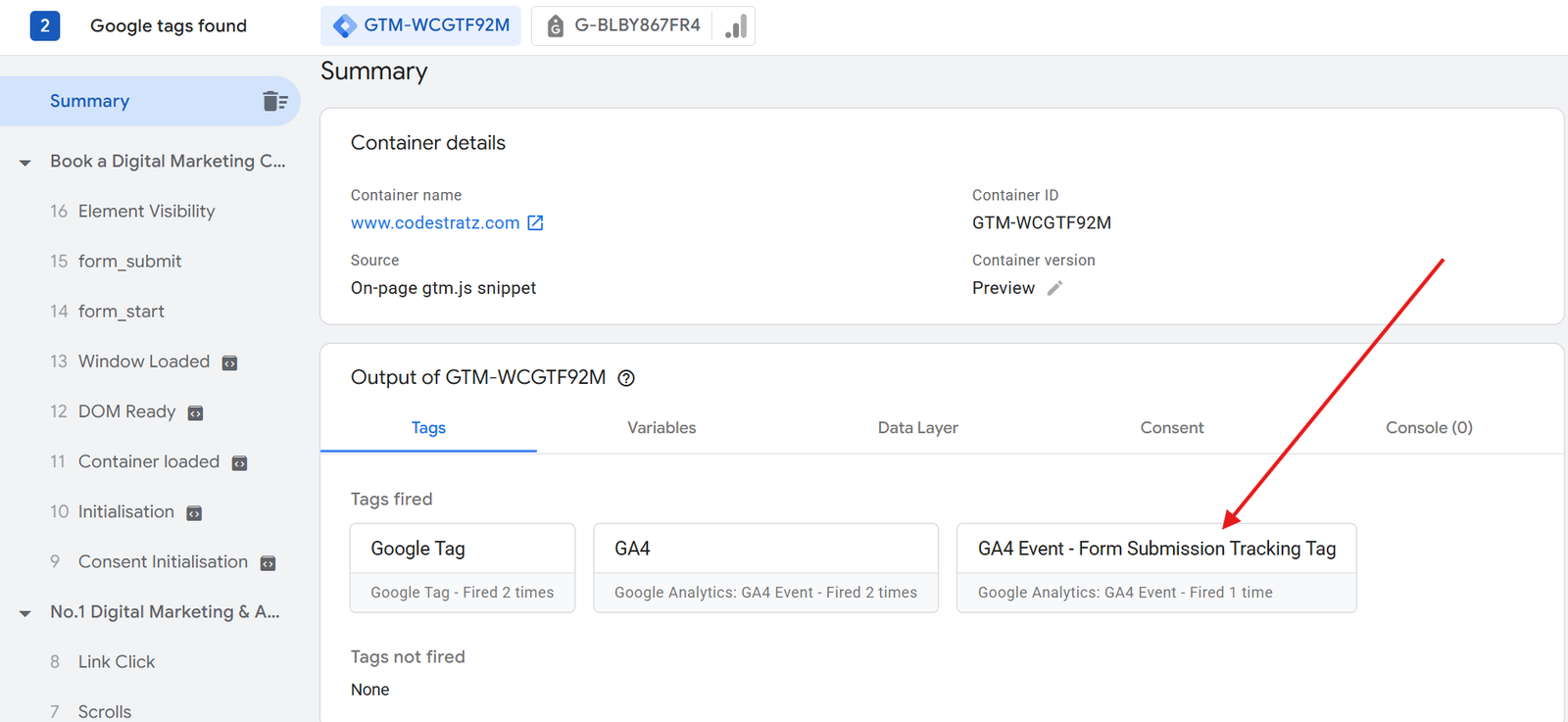 How to check if a tag is fired in preview mode in Google Tag manager 