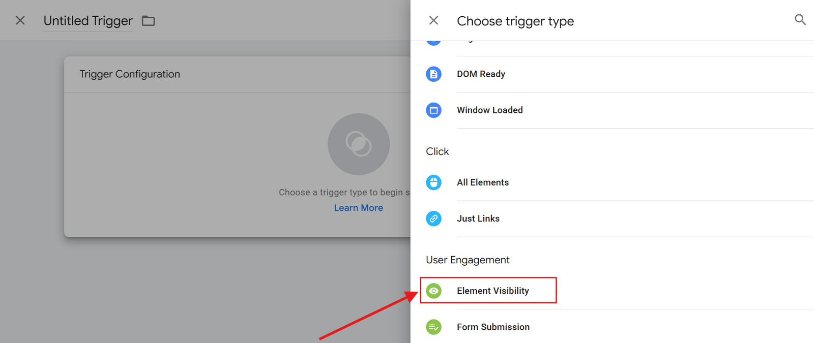 How To select Element Visibility trigger Section after selecting new trigger