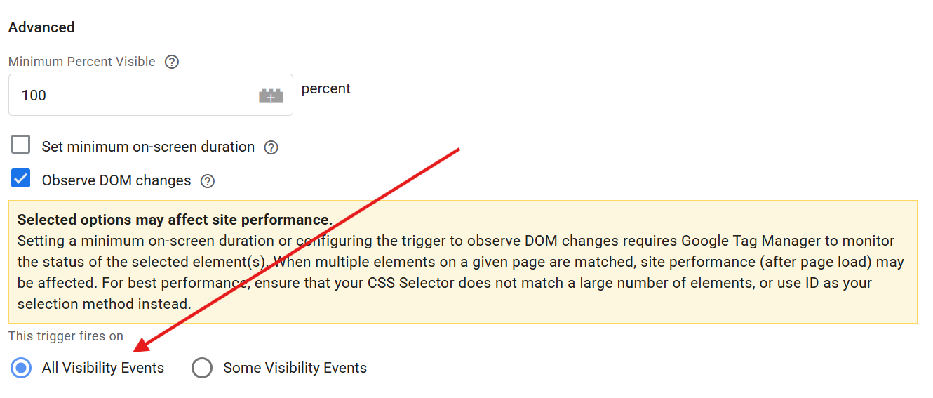 How to Choose All Visibility Events under “This trigger fires on” while tracking Form Submission using element visibility tracking in Google tag Manager