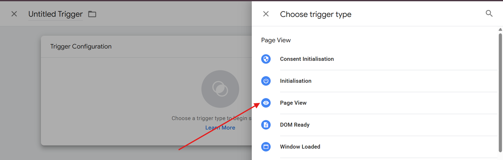 how to select page view from a trigger section in Google tag manager