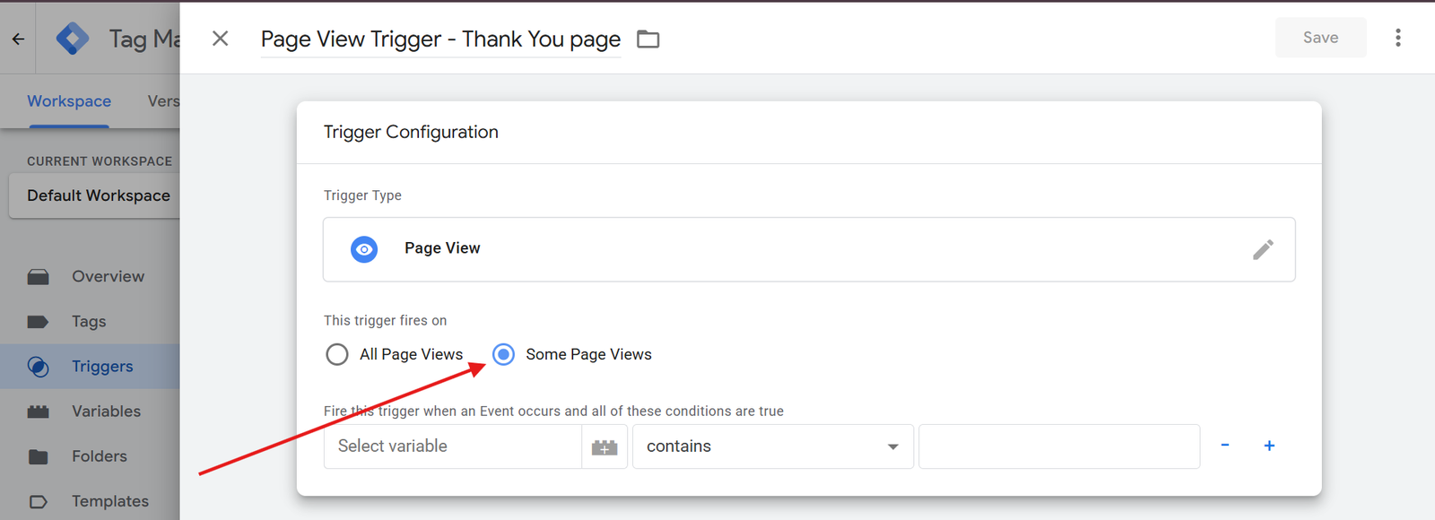 how to select some pages from page view trigger in a google tag manager