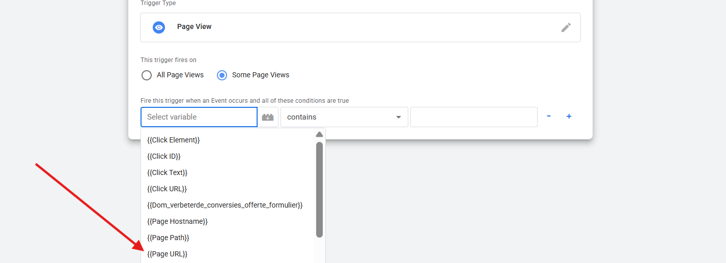 how to select page url event from the page view trigger while tracking form submission using page view in google tag manager