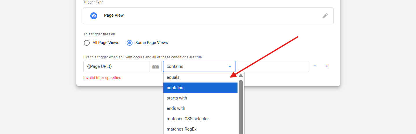 how to select equals from a page url event in a Google tag manager