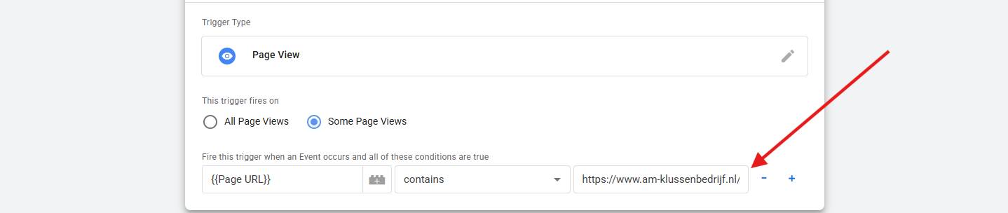 where to paste the url copied when using page URL event in Google tag manager