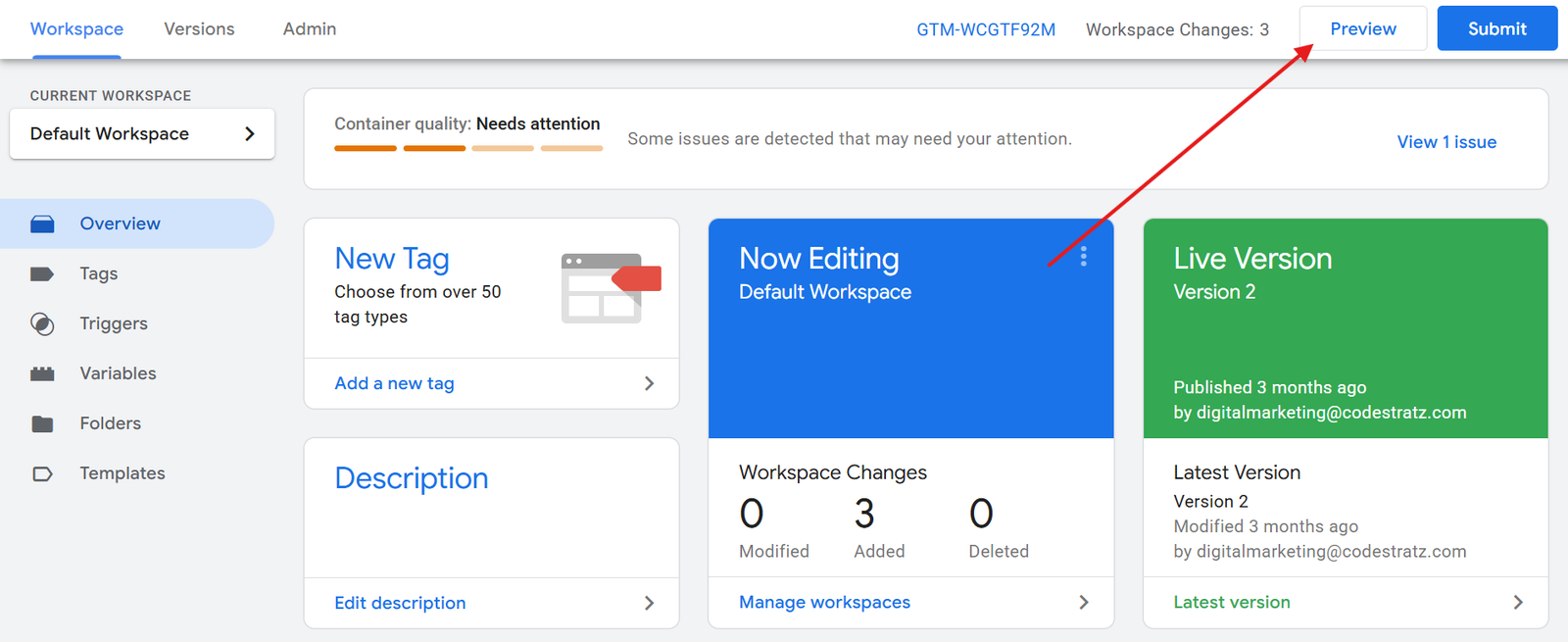 how to take preview mode in a Google tag manager dashboard 