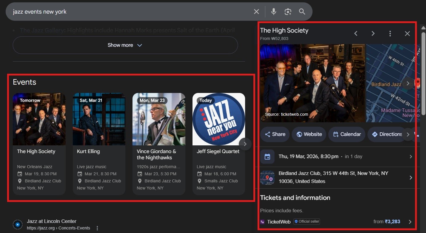 example of event schema displayed in the google search result